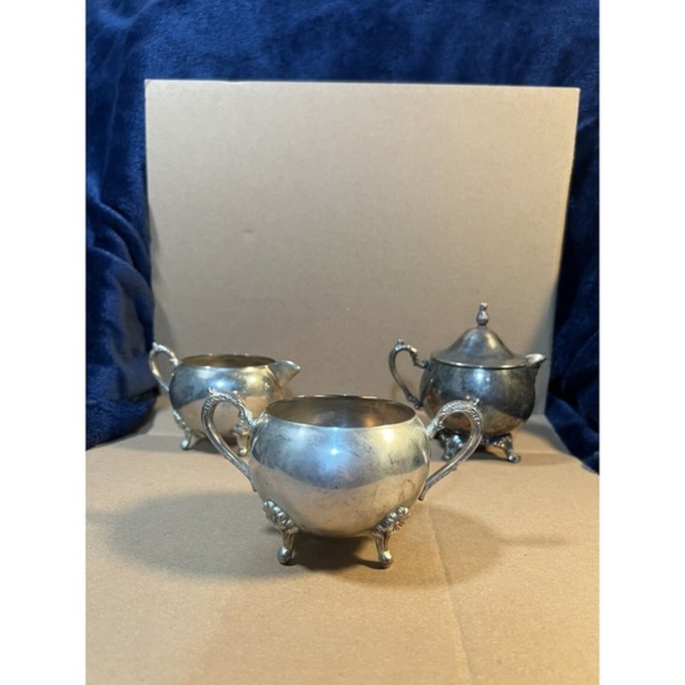 Silver silverplate Footed sugar and creamer vintage Double Handle (set‎ of 3)
